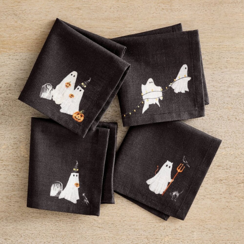 Pottery Barn Scary Squad Organic Cotton Cocktail Napkins - Mixed Set of 4